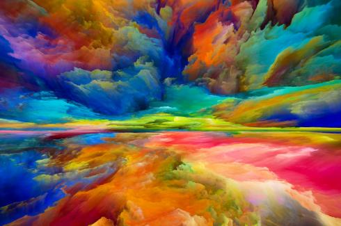 A computer-illustrated set of colorful clouds. It is somewhat abstract, but a horizon is seen.